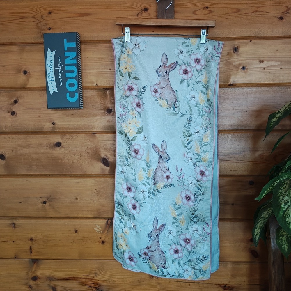 Tahari Floral Meadow Table Runner Easter Bunny Rabbit Flowers Beaded 16" X 72"